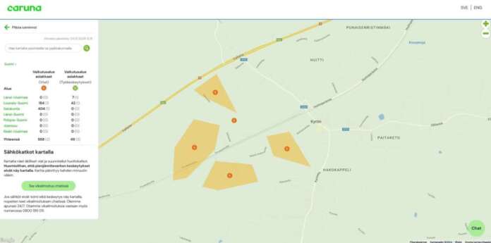 Perjantaina 4.10. noin kello 12.30 otettu kuvakaappaus Carunan häiriökartasta.